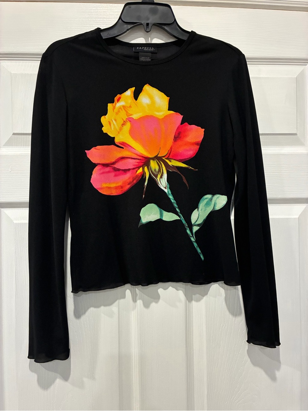 Express Black Long-Sleeve Top with Yellow & Pink Rose Graphic 👙